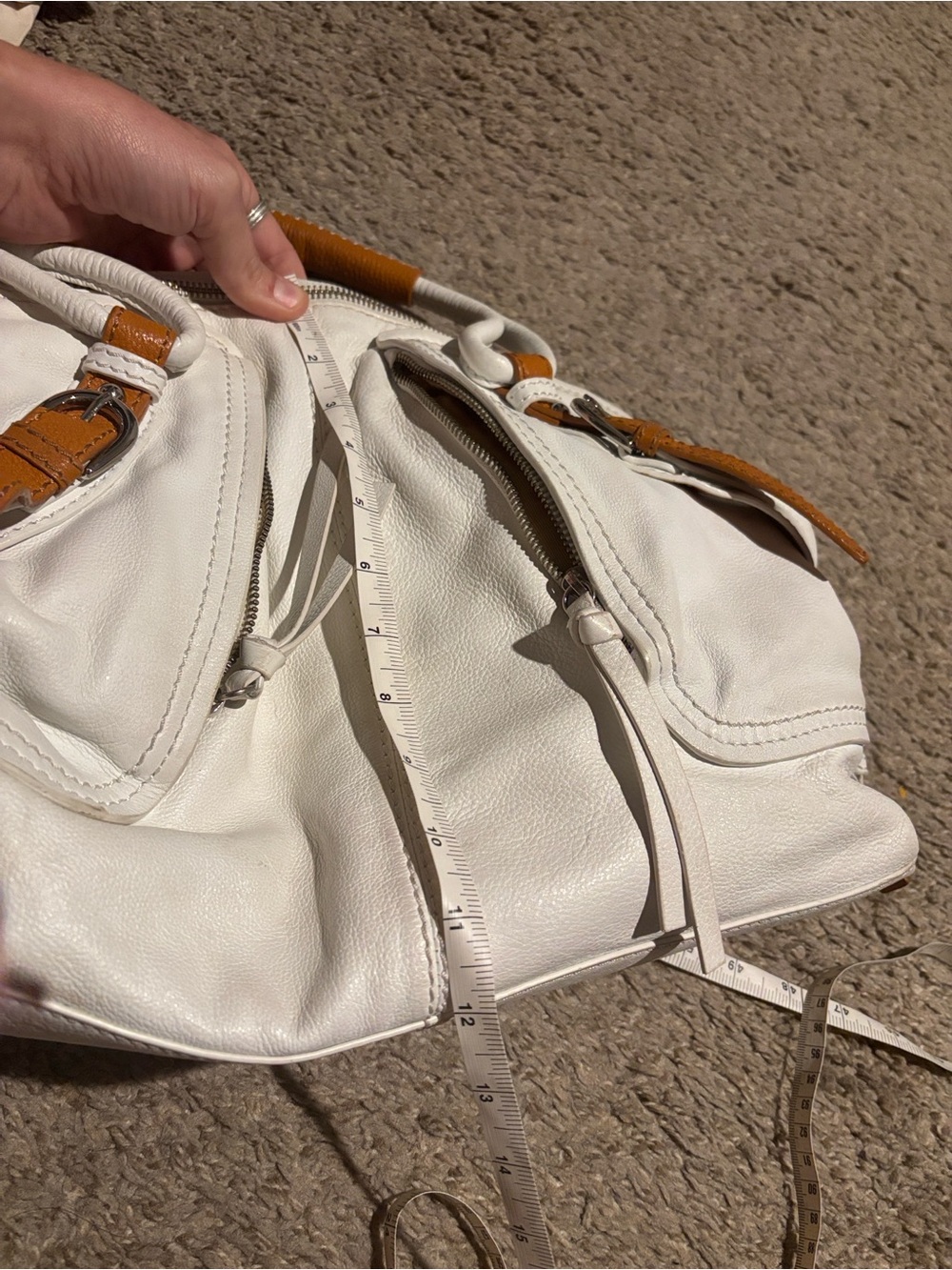 Sondra Roberts White with Tan trim Leather Satchel Handbag. - Picture 11 of 14